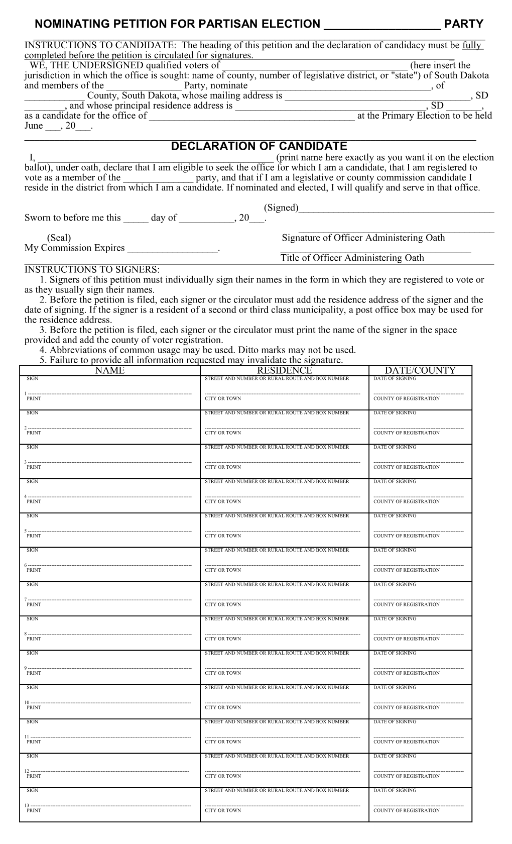 Nominating Petition for Partisan Election ______Party