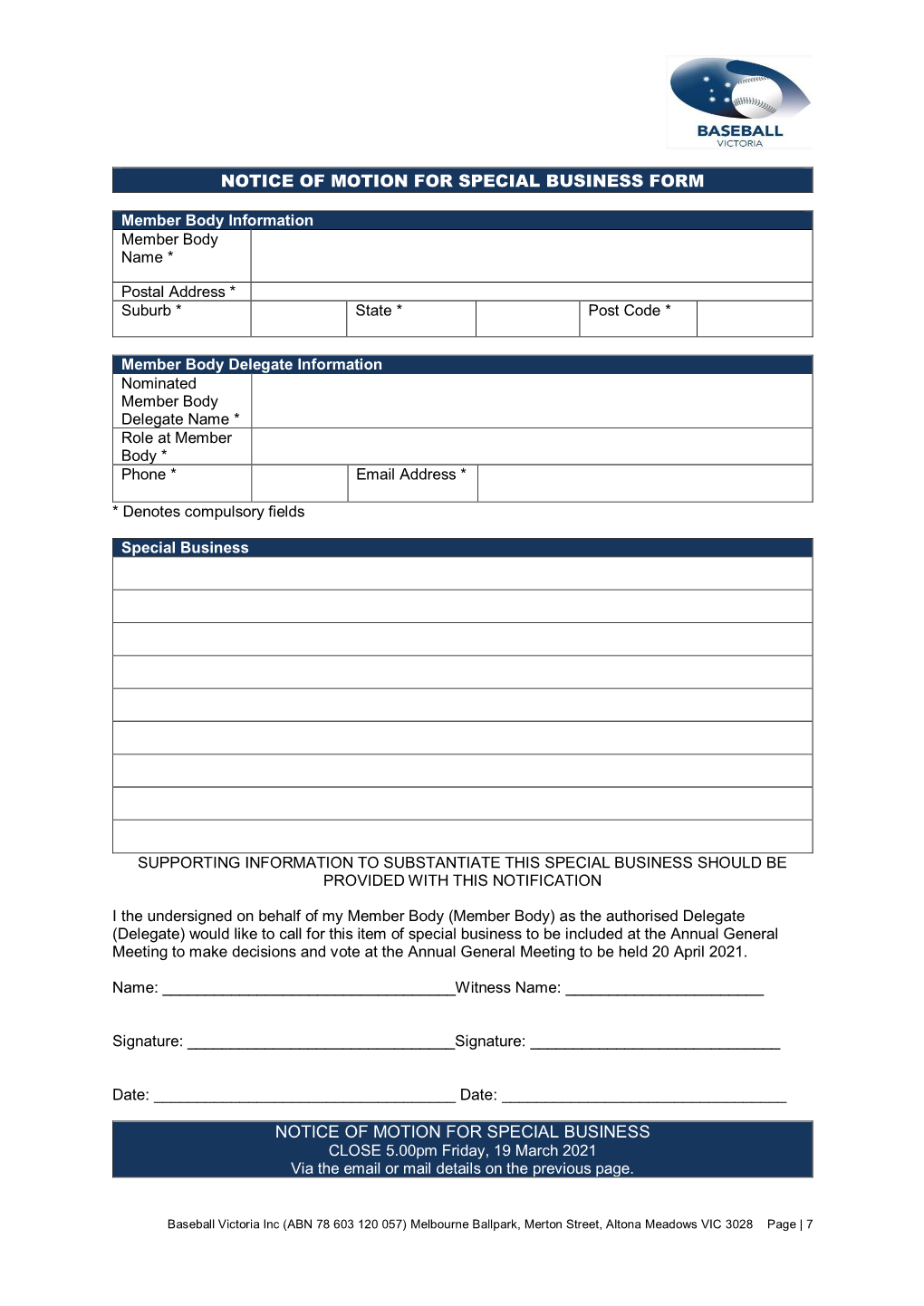 Notice of Motion for Special Business Form