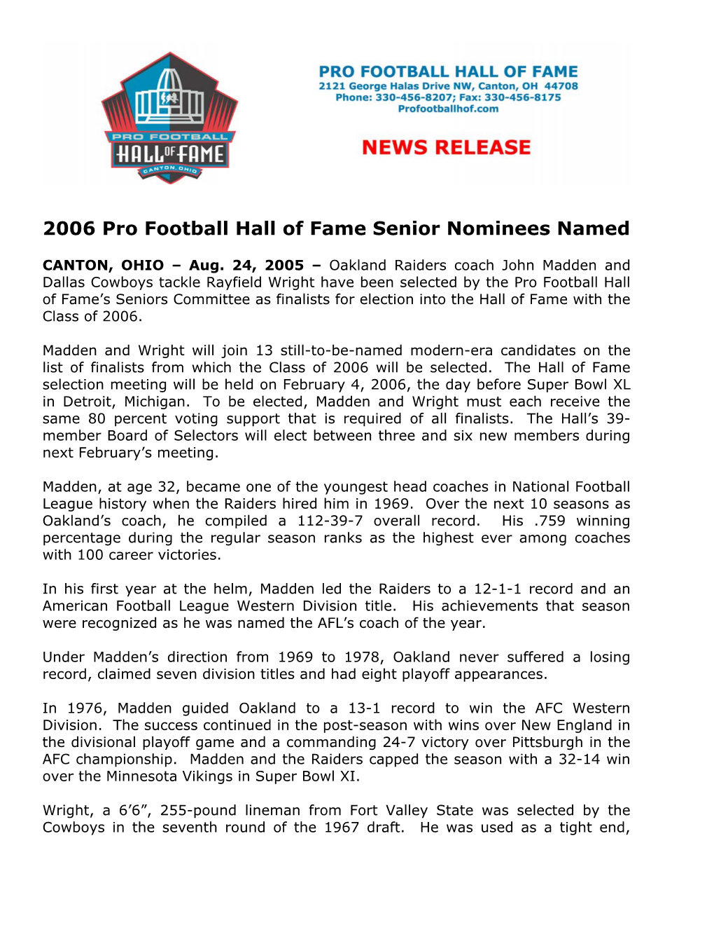2006 Pro Football Hall of Fame Senior Nominees Named