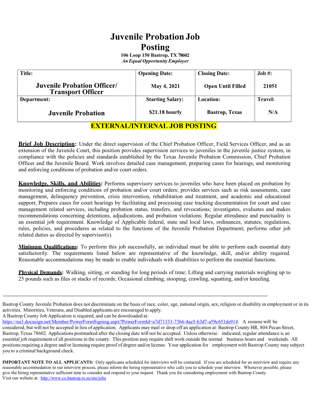 Juvenile Probation Job Posting 106 Loop 150 Bastrop, TX 78602 an Equal Opportunity Employer