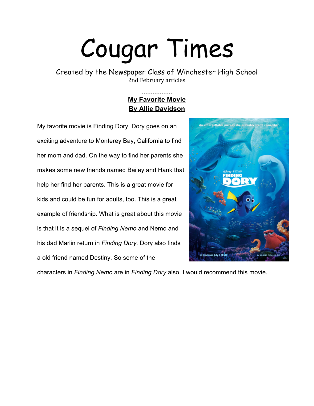Cougar Times Created by the Newspaper Class of Winchester High School 2Nd February Articles