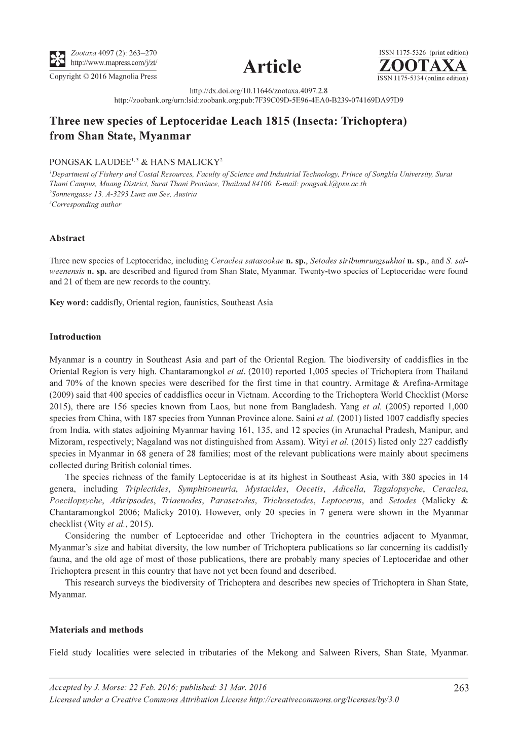 Three New Species of Leptoceridae Leach 1815 (Insecta: Trichoptera) from Shan State, Myanmar