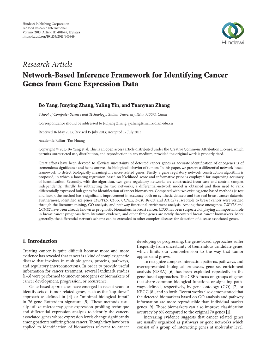 Research Article Network-Based Inference Framework for Identifying Cancer Genes from Gene Expression Data