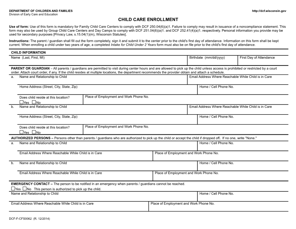 Child Care Enrollment, DCF-F (CFS-0062)