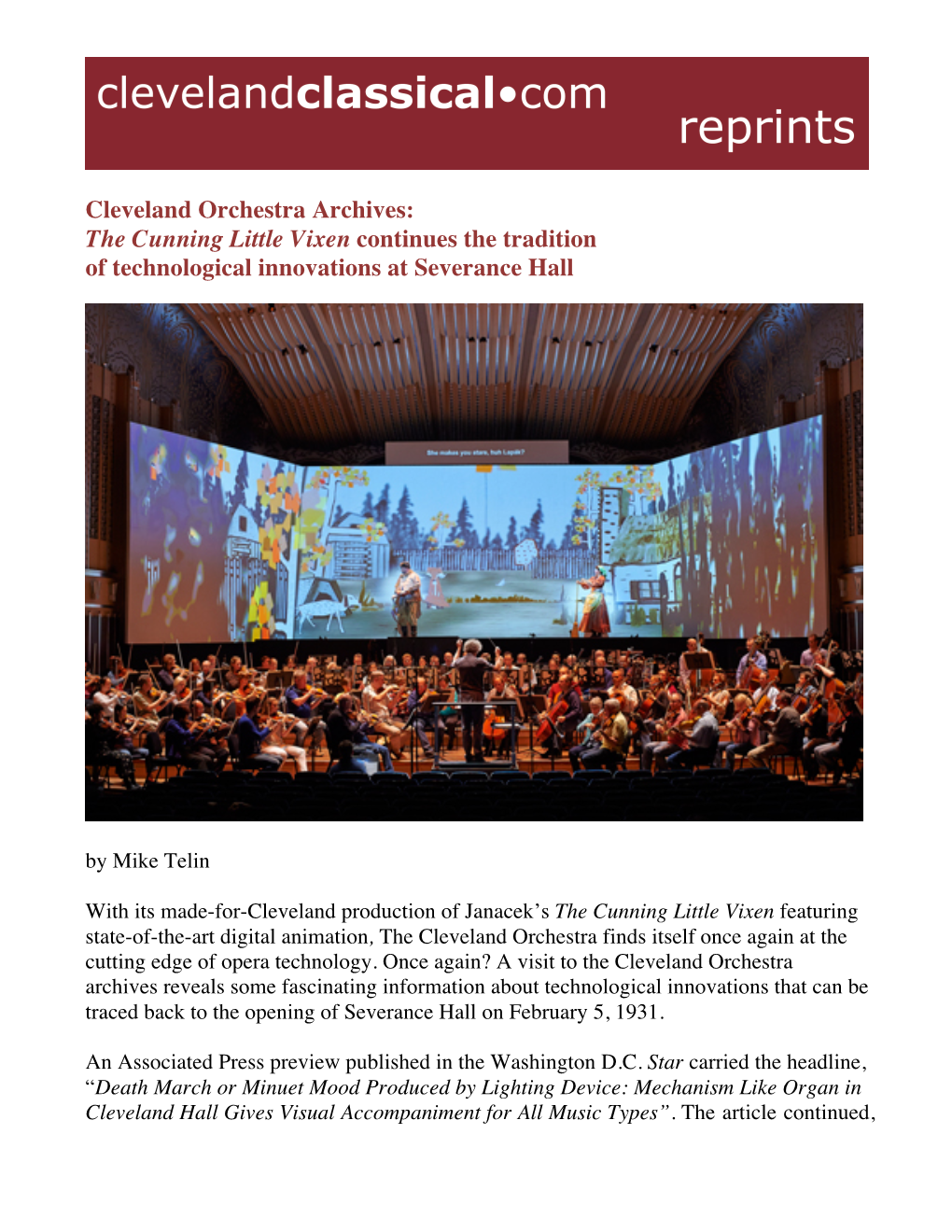 Cleveland Orchestra Archives: the Cunning Little Vixen Continues the Tradition of Technological Innovations at Severance Hall