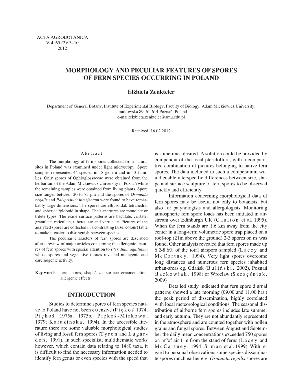 Morphology and Peculiar Features of Spores of Fern Species Occurring in Poland