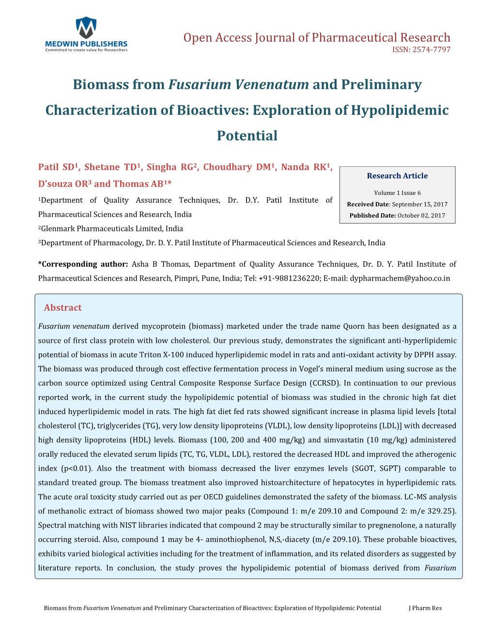Biomass from Fusarium Venenatum and Preliminary Characterization of Bioactives: Exploration of Hypolipidemic Potential
