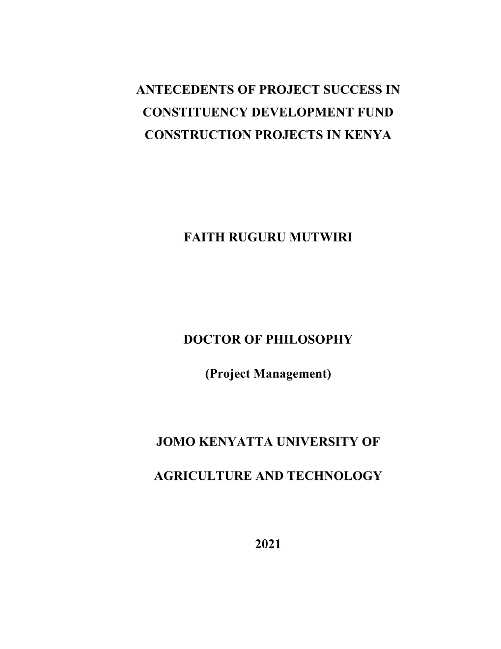 Antecedents of Project Success in Constituency Development Fund Construction Projects in Kenya
