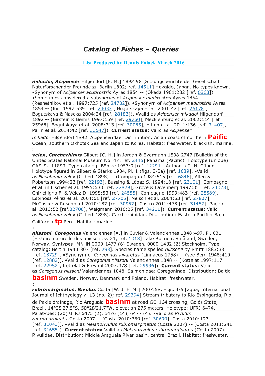 Catalog of Fishes – Queries