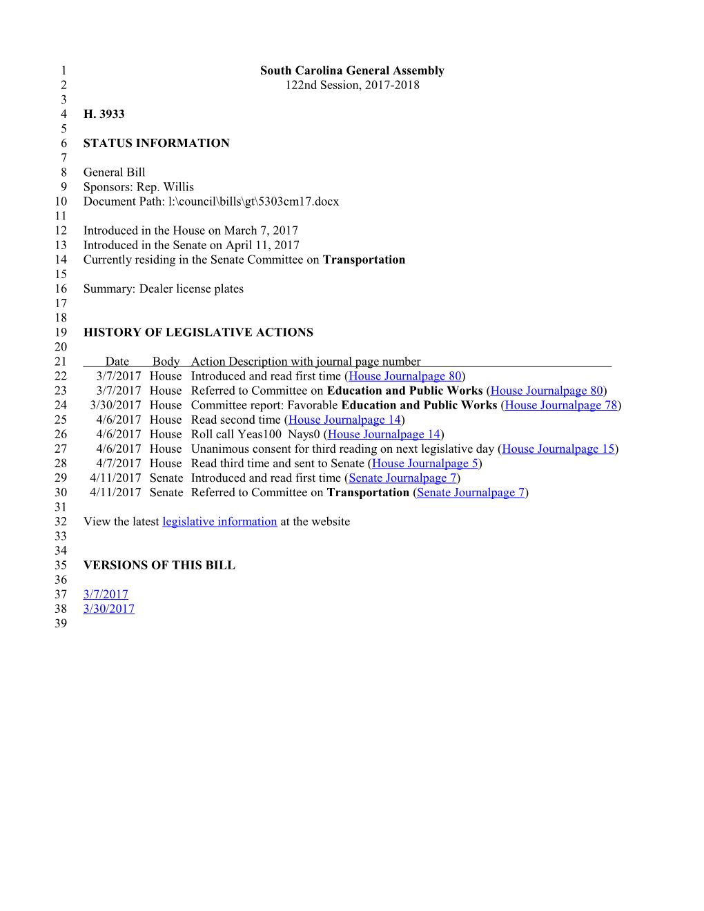 2017-2018 Bill 3933: Dealer License Plates - South Carolina Legislature Online