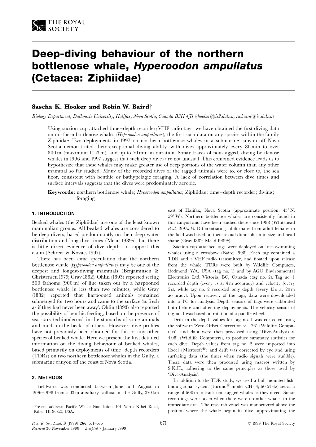 Deep-Diving Behaviour of the Northern Bottlenose Whale, Hyperoodon Ampullatus (Cetacea: Ziphiidae)