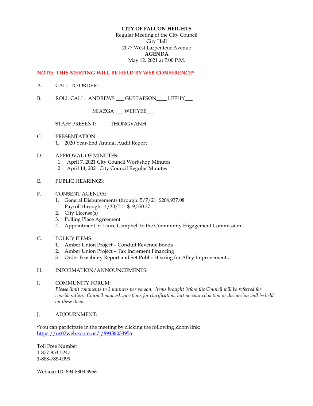 Falcon Heights City Council Agenda 5-12-21