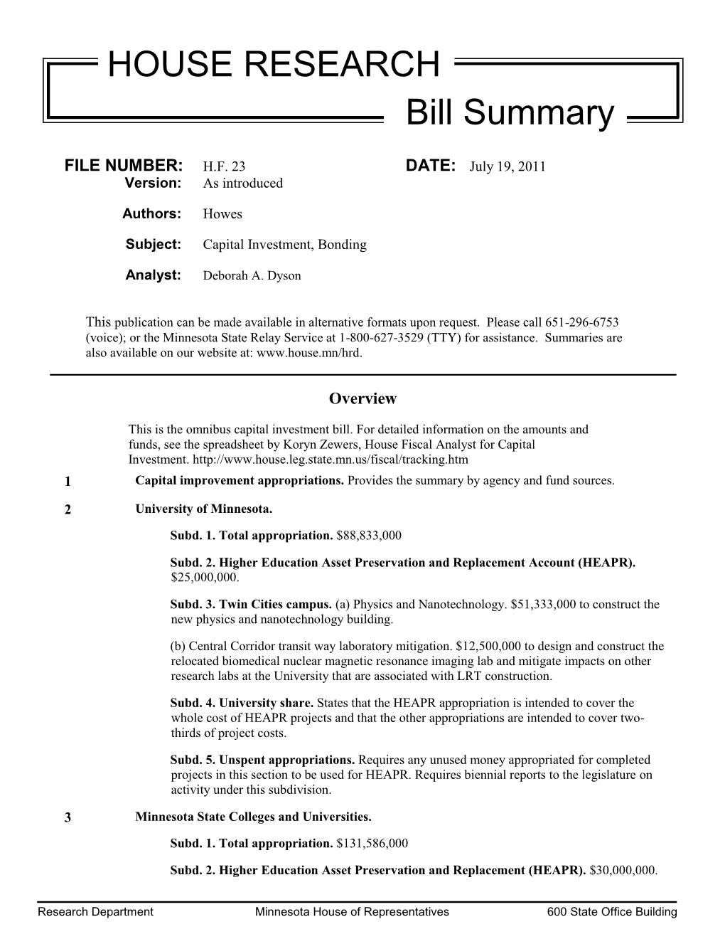 HOUSE RESEARCH Bill Summary
