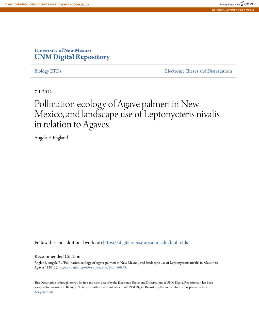 Pollination Ecology of Agave Palmeri in New Mexico, and Landscape Use of Leptonycteris Nivalis in Relation to Agaves Angela E