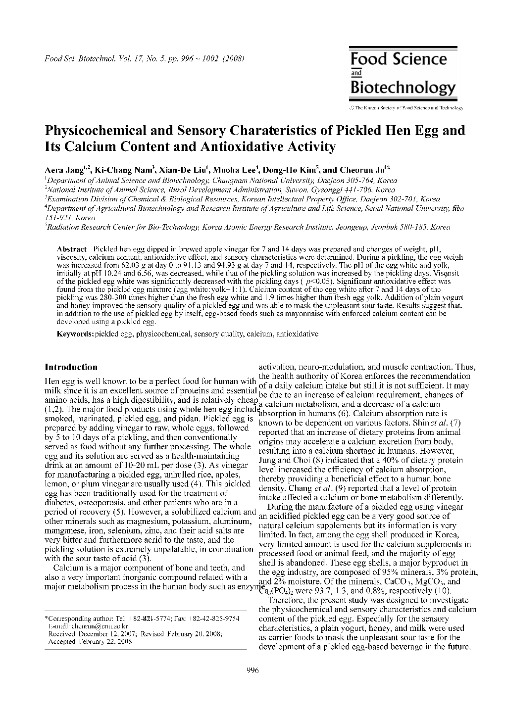 Physicochemical and Sensory Characteristics of Pickled Hen Egg and Its Calcium Content and Antioxidative Activity