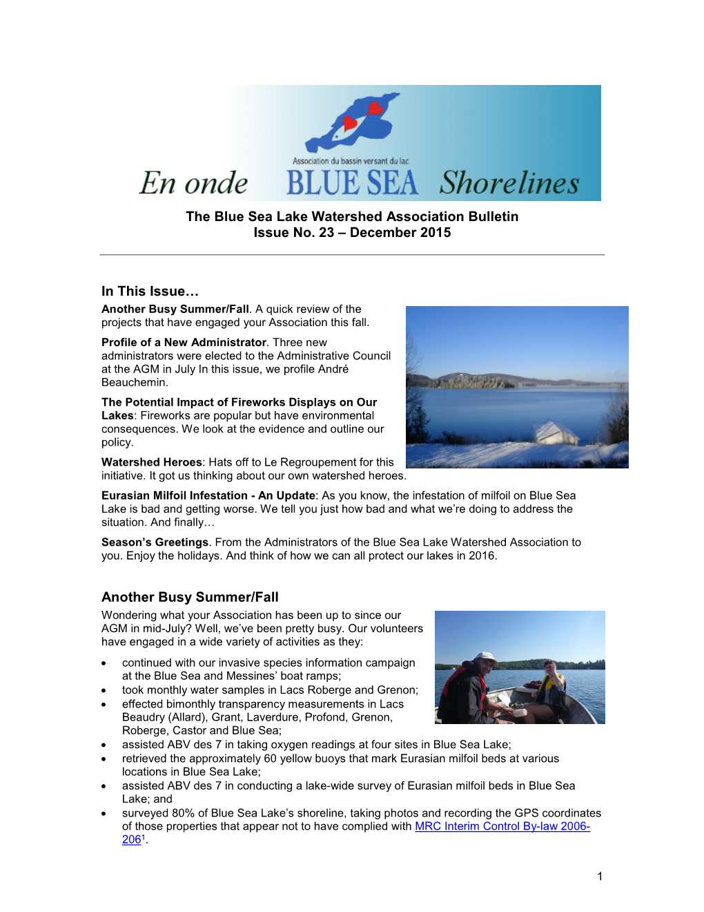 The Blue Sea Lake Watershed Association Bulletin Issue No. 23 – December 2015
