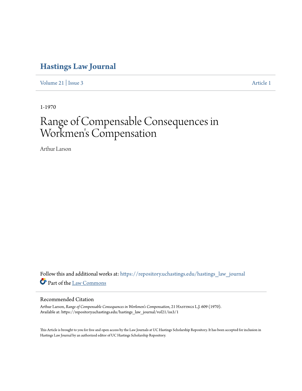 Range of Compensable Consequences in Workmen's Compensation Arthur Larson