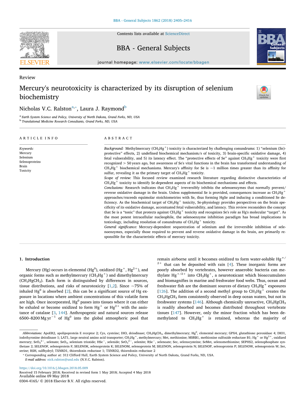 Mercury's Neurotoxicity Is Characterized by Its Disruption of Selenium Biochemistry T ⁎ Nicholas V.C