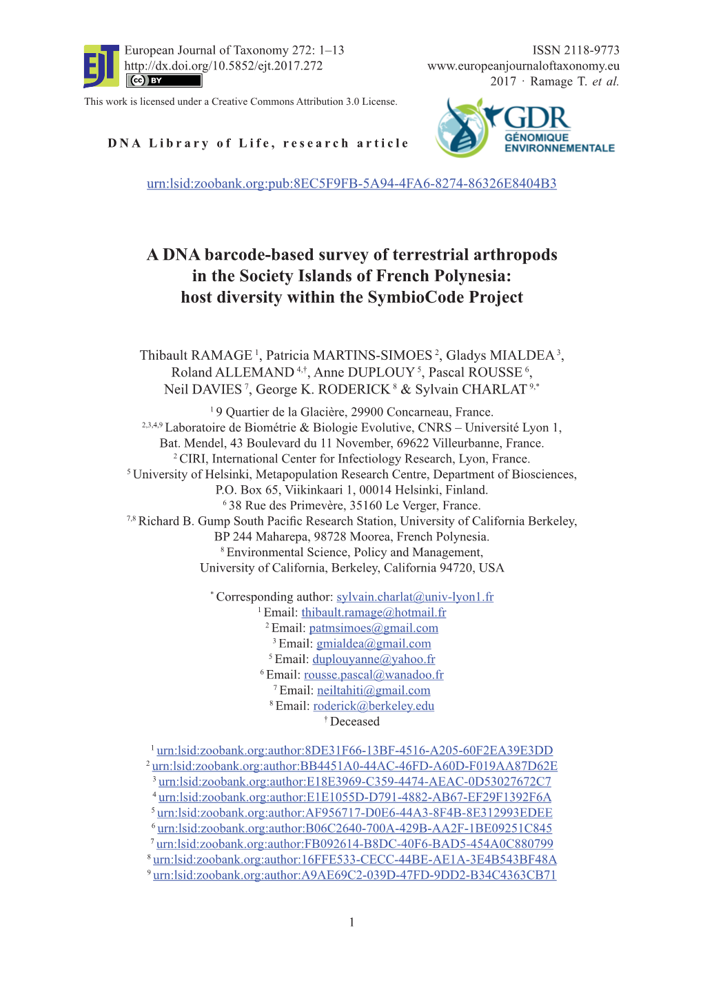 A DNA Barcode-Based Survey of Terrestrial Arthropods in the Society Islands of French Polynesia: Host Diversity Within the Symbiocode Project