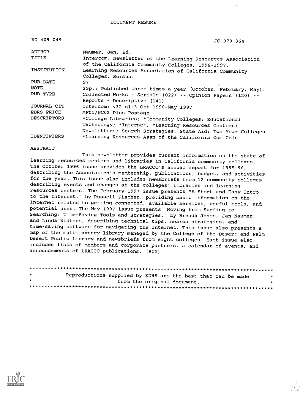 Intercom: Newsletter of the Learning Resources Association of the California Community Colleges, 1996-1997
