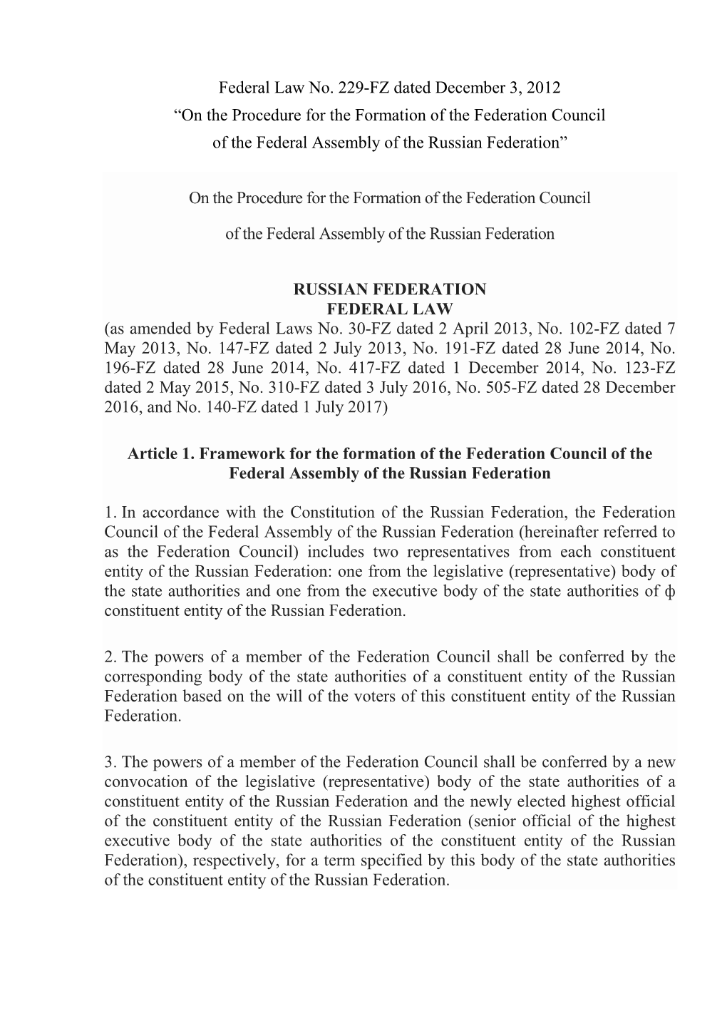 Federal Law No. 229-FZ Dated December 3, 2012 “On the Procedure for the Formation of the Federation Council of the Federal Assembly of the Russian Federation”