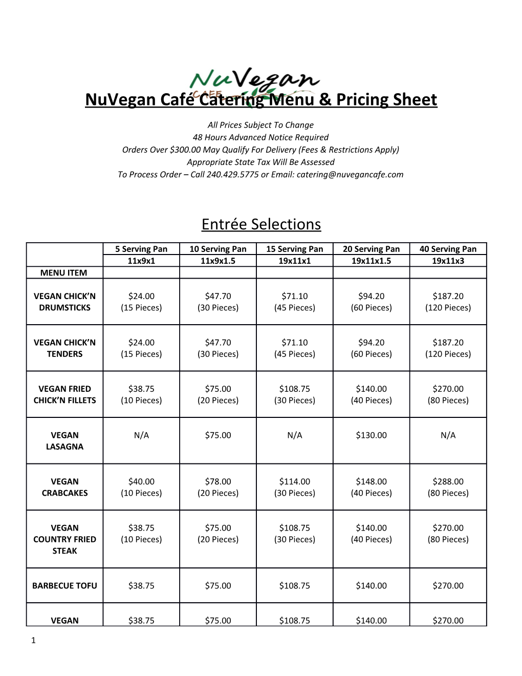 Nuvegan Café Catering Menu & Pricing Sheet