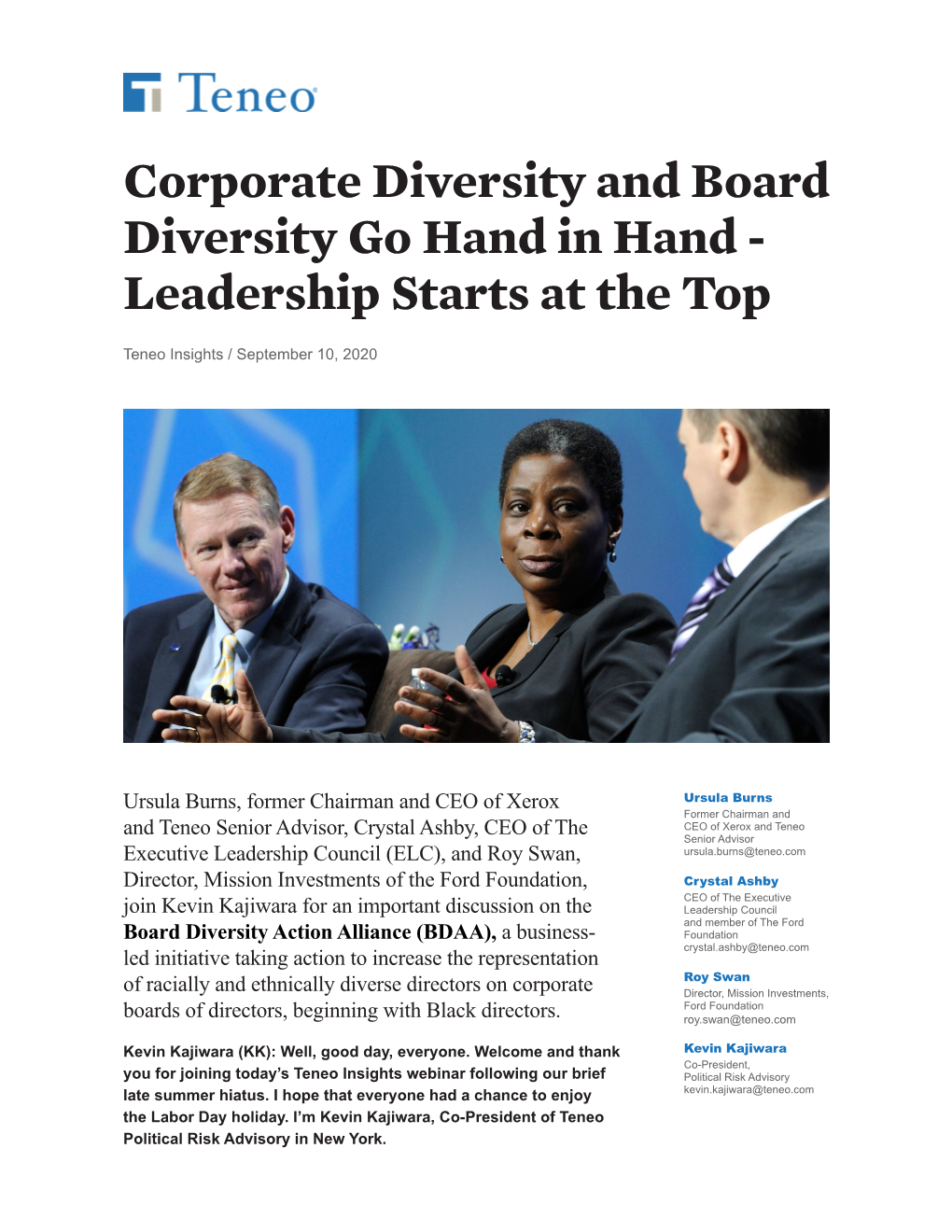 Corporate Diversity and Board Diversity Go Hand in Hand - Leadership Starts at the Top