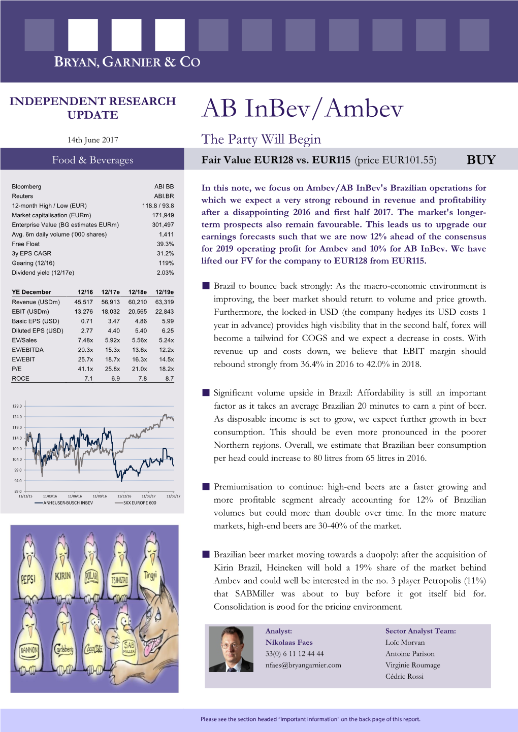 AB Inbev/Ambev 14Th June 2017 the Party Will Begin Food & Beverages Fair Value EUR128 Vs