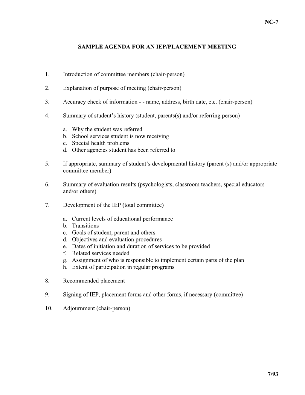 Sample Agenda for an Iep/Placement Meeting