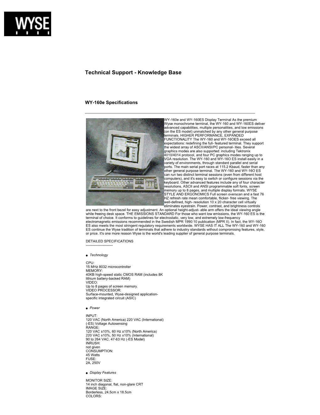 Technical Support Knowledge Base (Wyse Terminals Specifications)