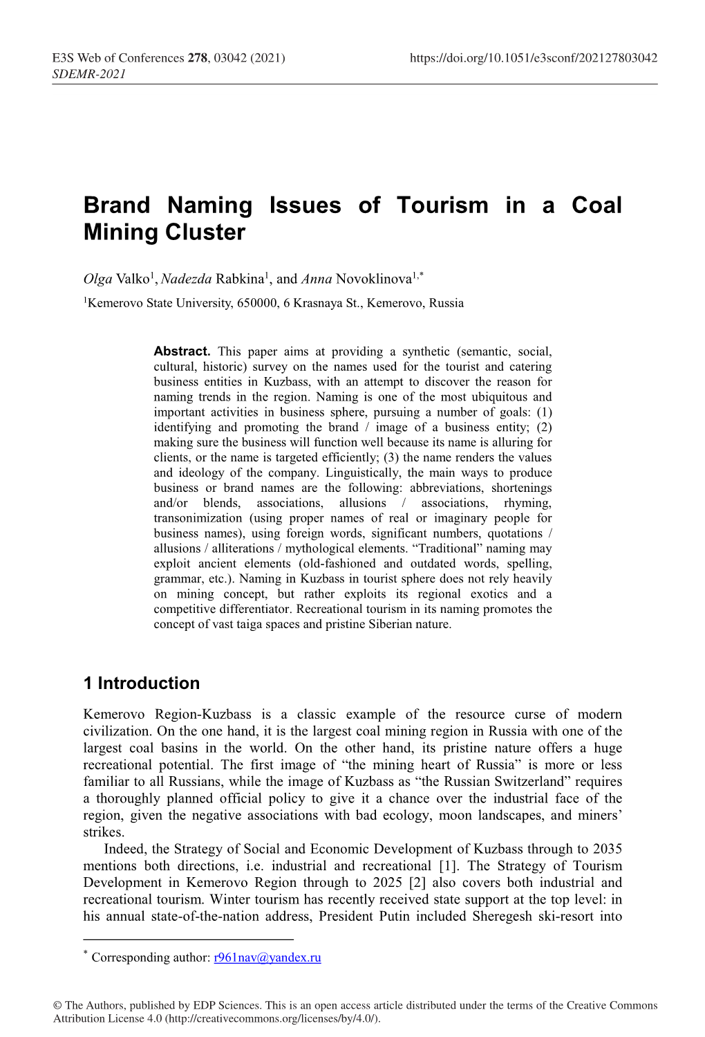 Brand Naming Issues of Tourism in a Coal Mining Cluster