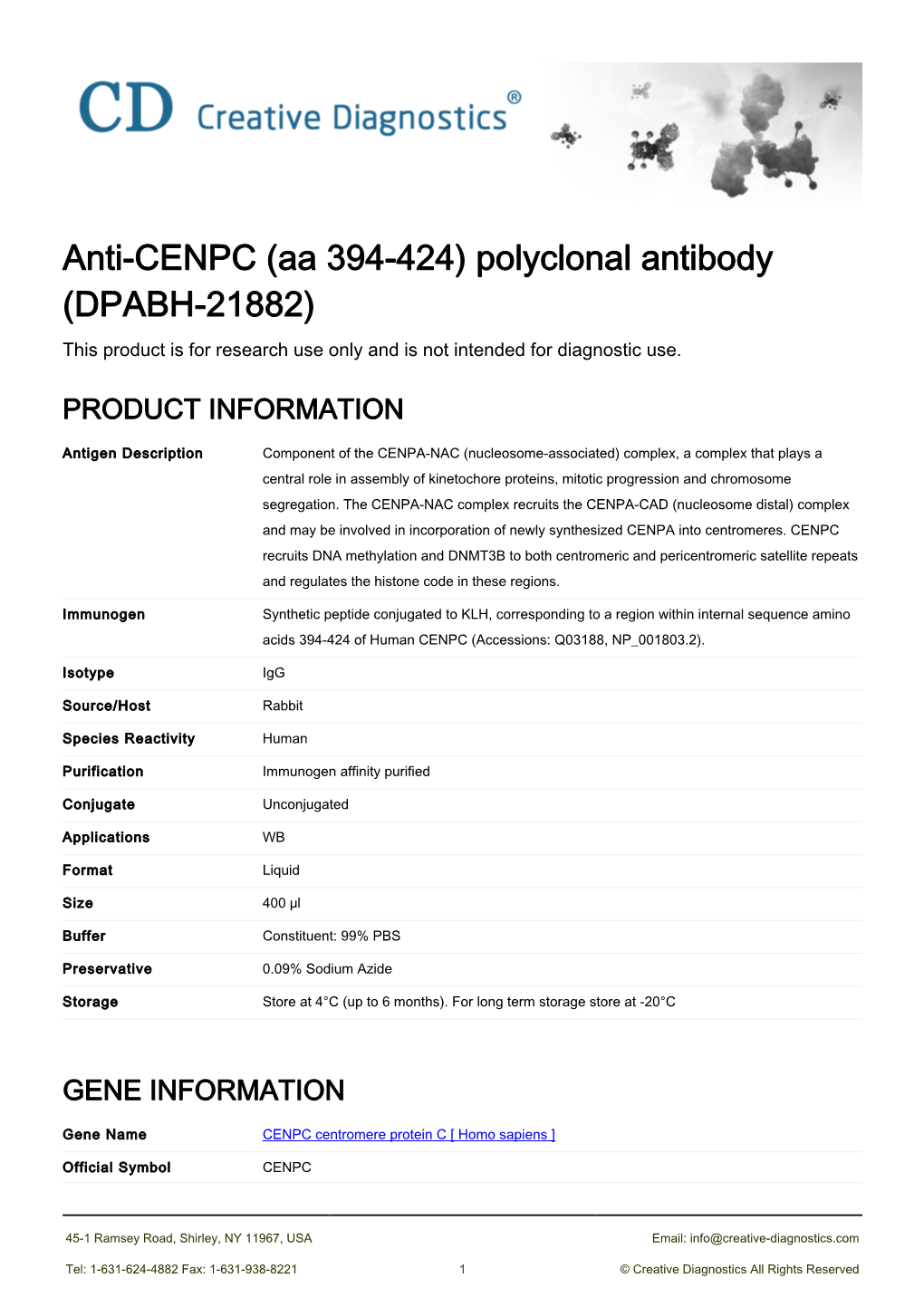 Anti-CENPC (Aa 394-424) Polyclonal Antibody (DPABH-21882) This Product Is for Research Use Only and Is Not Intended for Diagnostic Use
