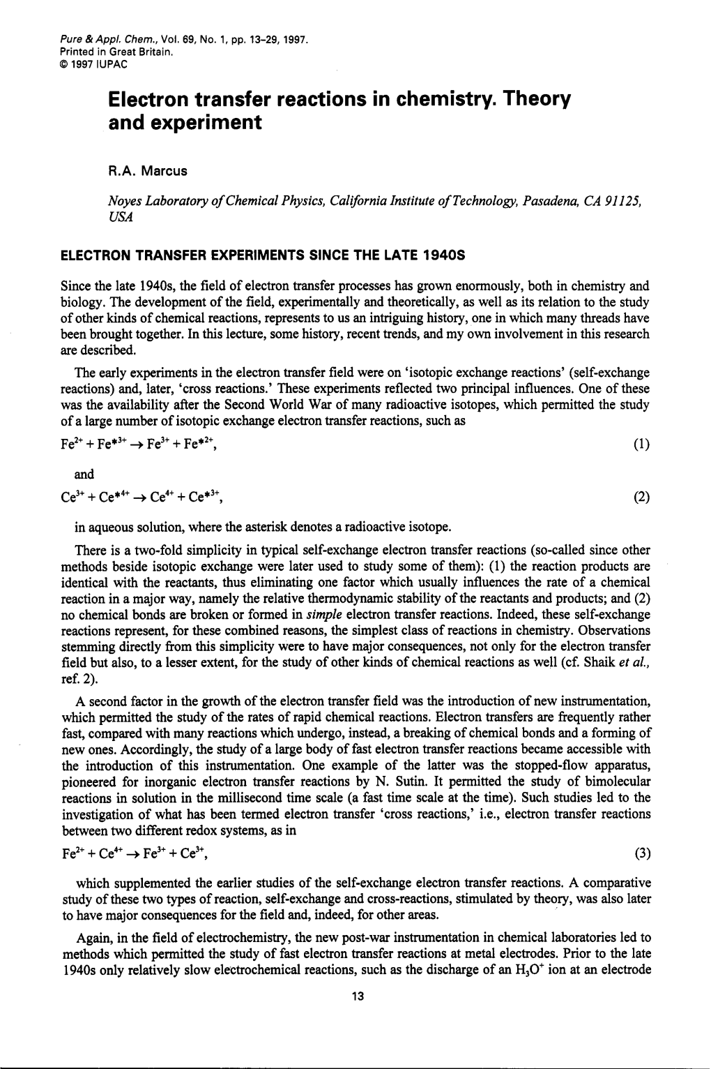 Electron Transfer Reactions in Chemistry. Theory and Experiment