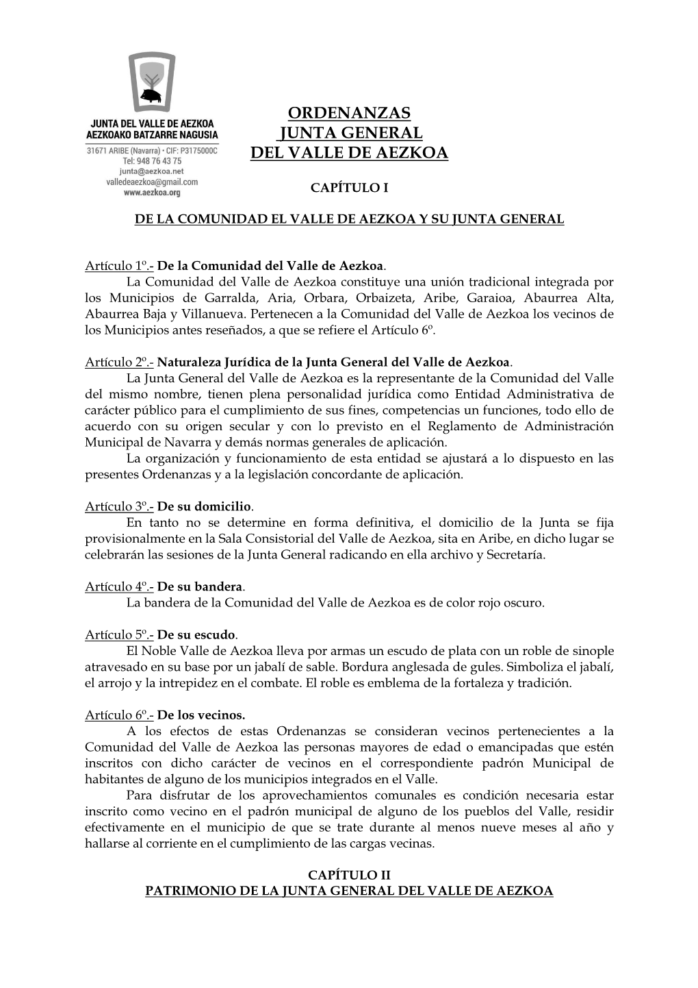 Ordenanzas De La Junta General Del Valle De Aezkoa