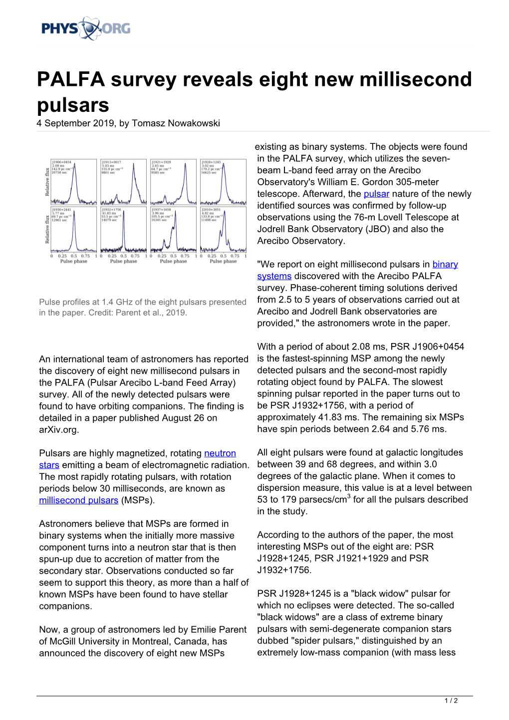 PALFA Survey Reveals Eight New Millisecond Pulsars 4 September 2019, by Tomasz Nowakowski