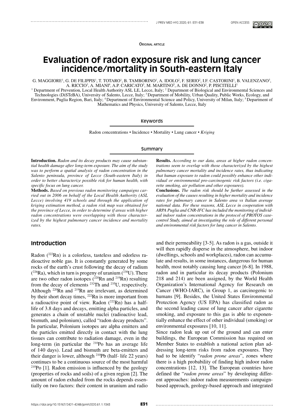 Evaluation of Radon Exposure Risk and Lung Cancer Incidence/Mortality in South-Eastern Italy