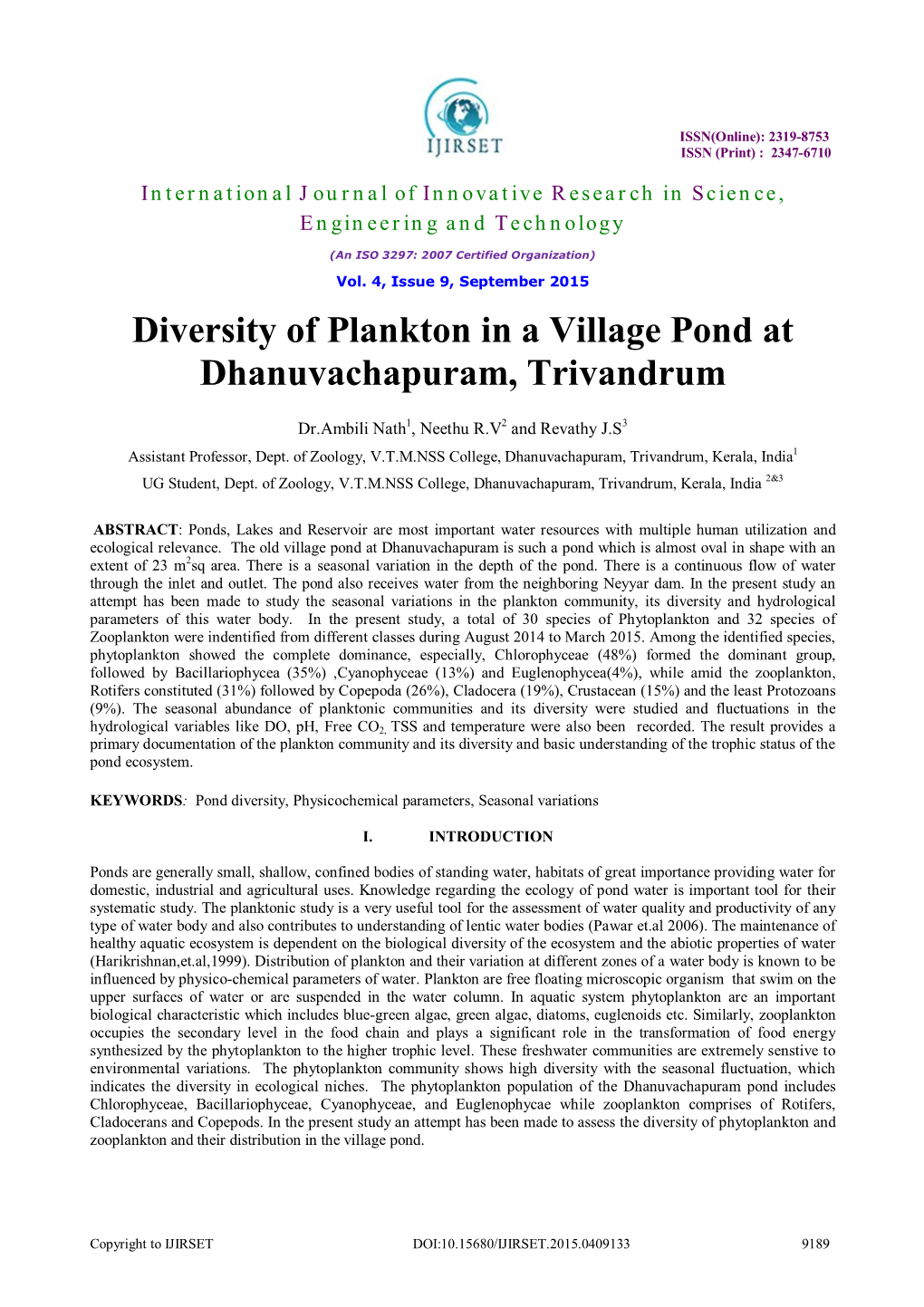 Diversity of Plankton in a Village Pond at Dhanuvachapuram, Trivandrum