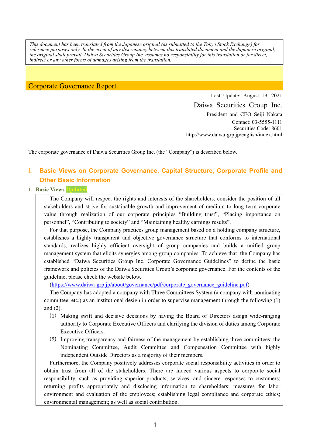 Corporate Governance Report Daiwa Securities Group Inc