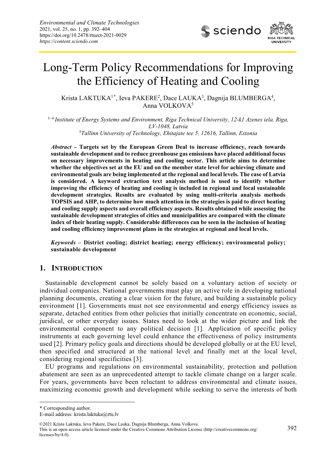 Long-Term Policy Recommendations for Improving the Efficiency of Heating and Cooling