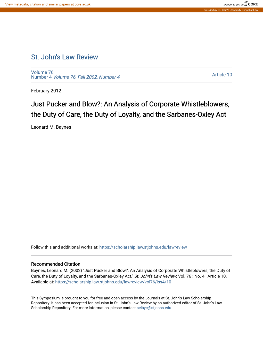 An Analysis of Corporate Whistleblowers, the Duty of Care, the Duty of Loyalty, and the Sarbanes-Oxley Act