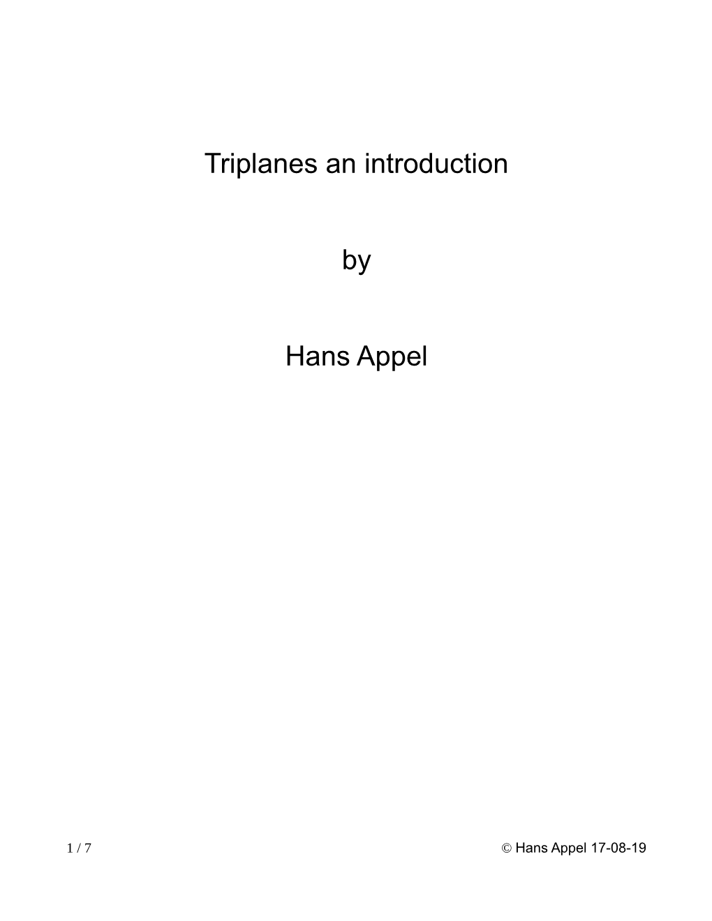 Triplanes an Introduction by Hans Appel