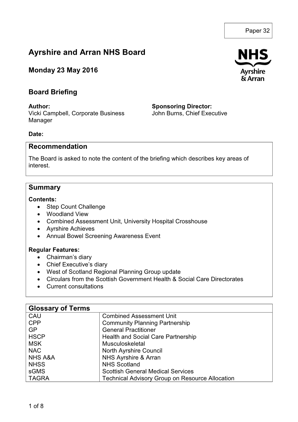 Agenda for Change HR Director Agreement PCS(AFC)(2016)03 Finance Director Band 1 Review HR Director