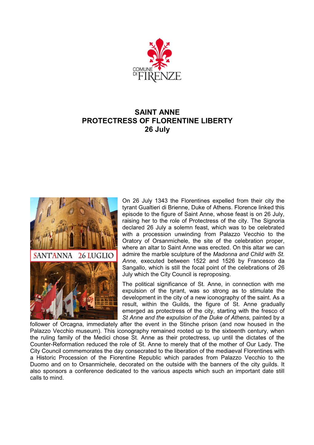 SAINT ANNE PROTECTRESS of FLORENTINE LIBERTY 26 July