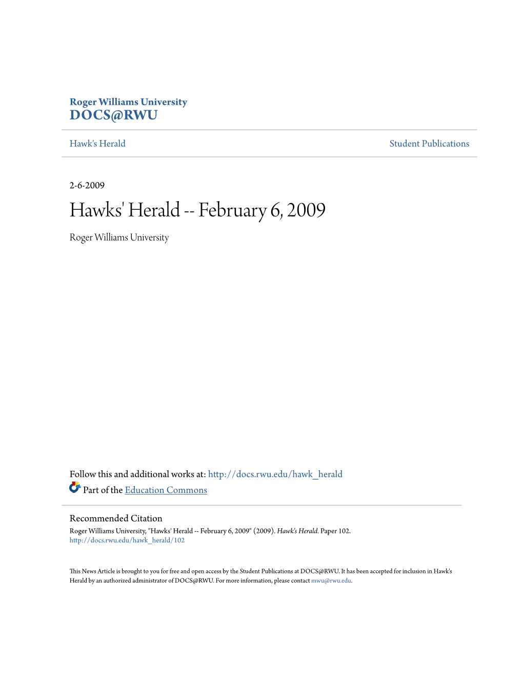 Hawks' Herald -- February 6, 2009 Roger Williams University
