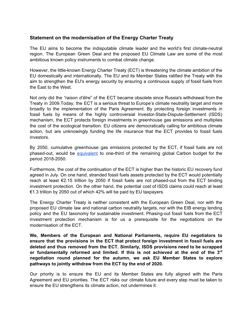 Statement on the Modernisation of the Energy Charter Treaty