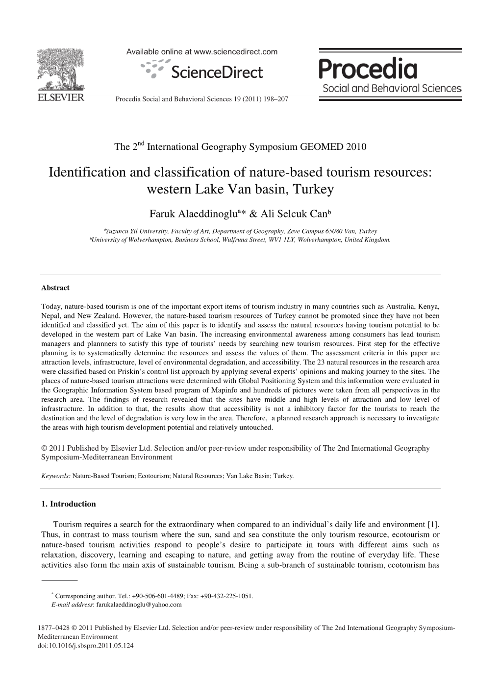 Identification and Classification of Nature-Based Tourism Resources: Western Lake Van Basin, Turkey