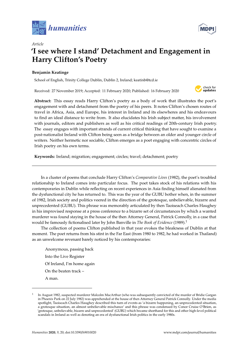 'I See Where I Stand' Detachment and Engagement in Harry Clifton's Poetry