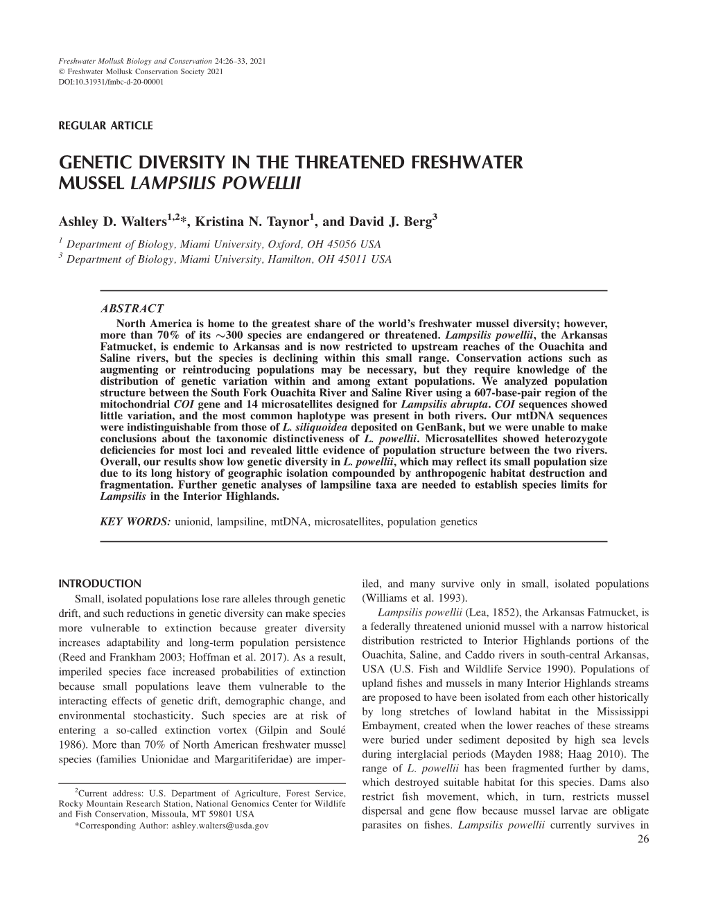 Genetic Diversity in the Threatened Freshwater Mussel Lampsilis Powellii