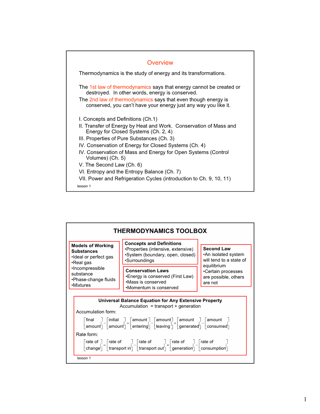 1 Overview THERMODYNAMICS TOOLBOX