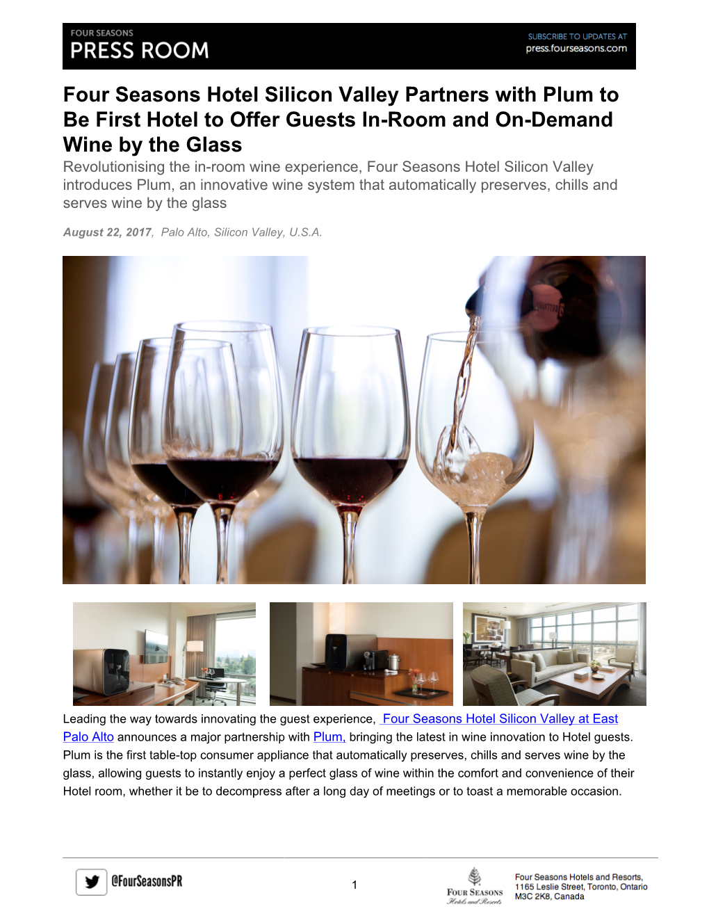 Four Seasons Hotel Silicon Valley Partners with Plum to Be First Hotel to Offer Guests In-Room and On-Demand Wine by the Glass